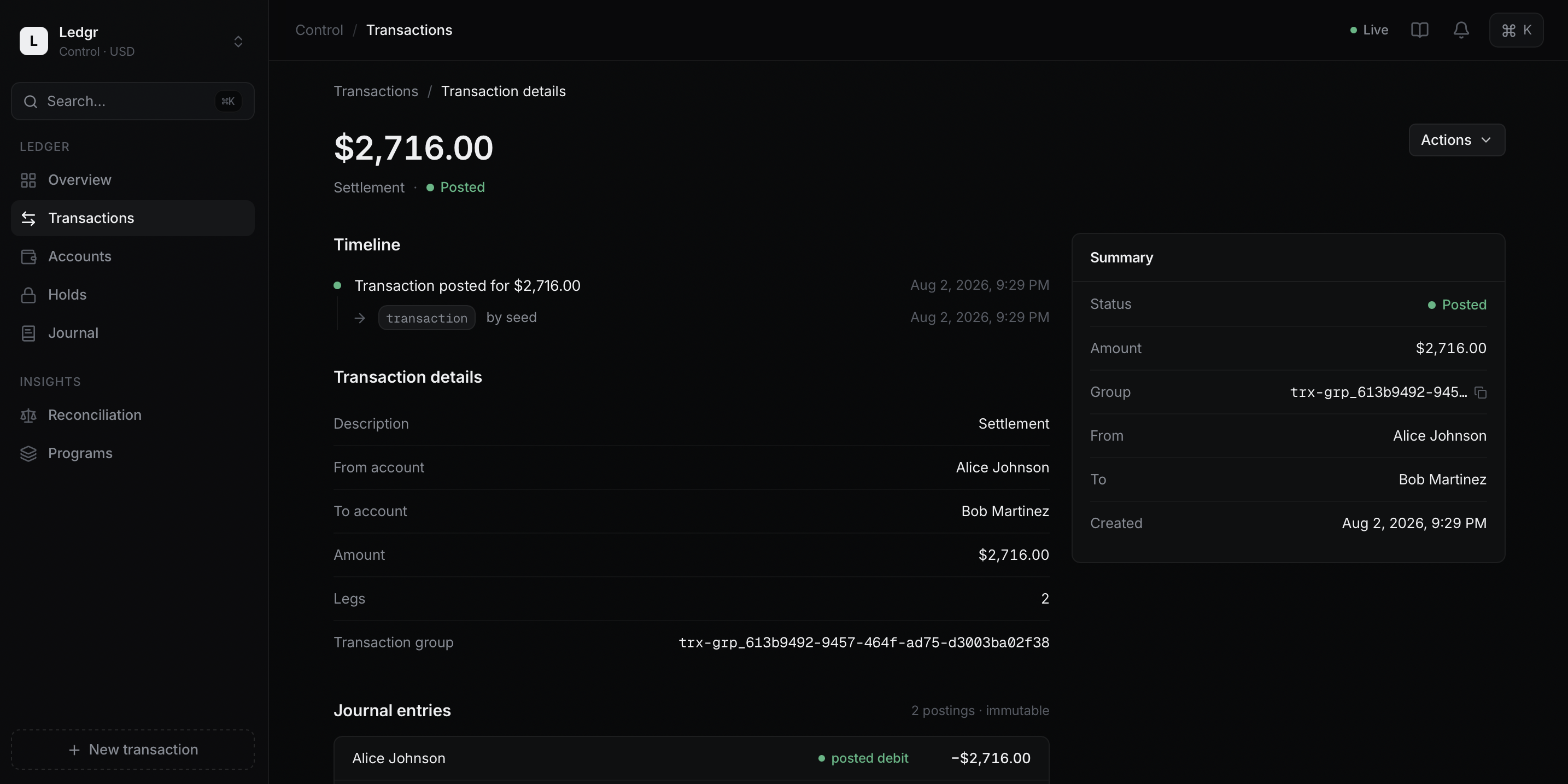 A posted transaction in Ledgr